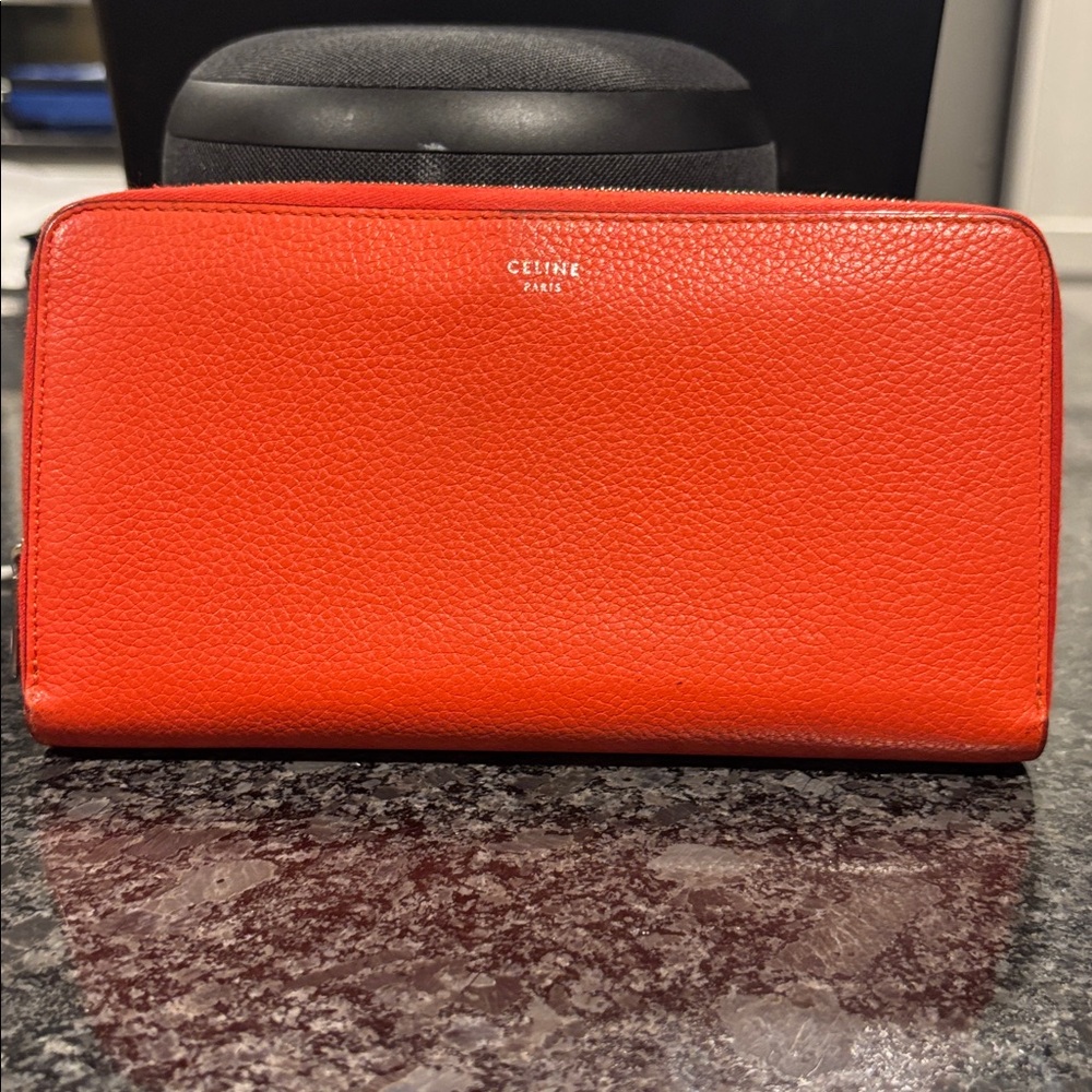 SOLD!Celine Vibrant Orange/Red Leather Zip Around Wallet